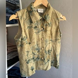 Vintage Bentley khakis colored vest with green-blue flower vine detailing.